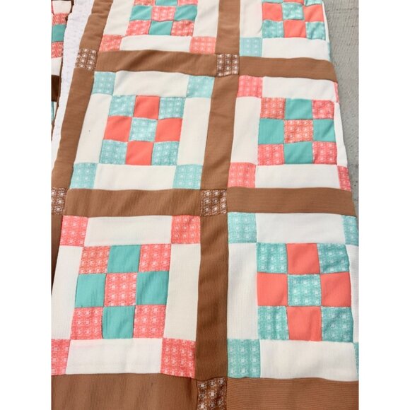 Vintage 70's Handmade Pink Turquoise Brown 92" x 70" Irish Chain Block Quilt - Picture 4 of 7